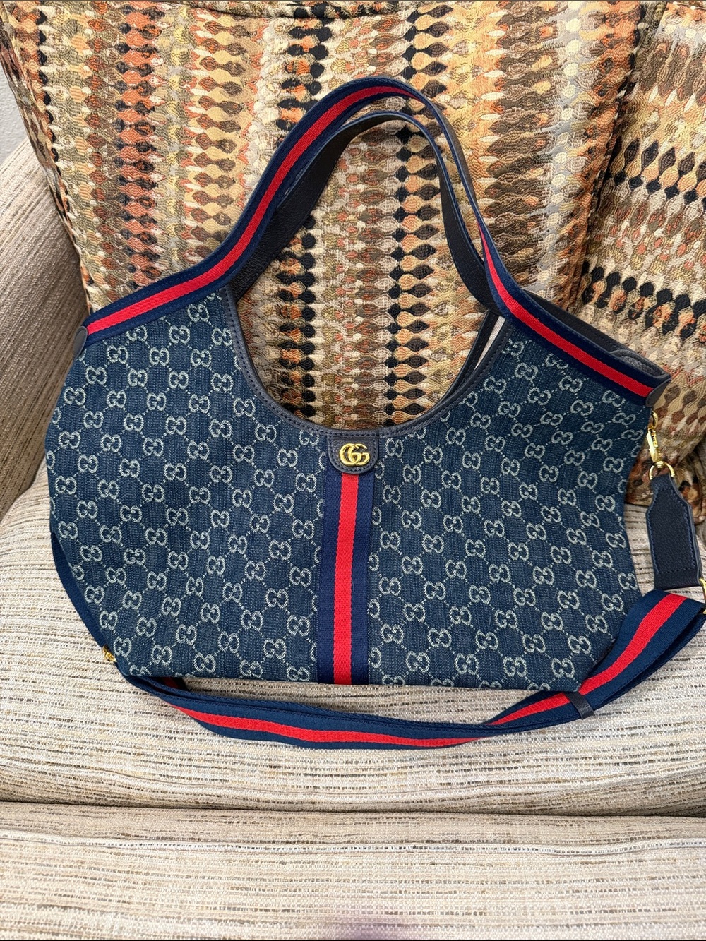 Gucci-ish Giglio Blue Denim GG Hobo with Red-Blue Web Stripe with Make Up Case